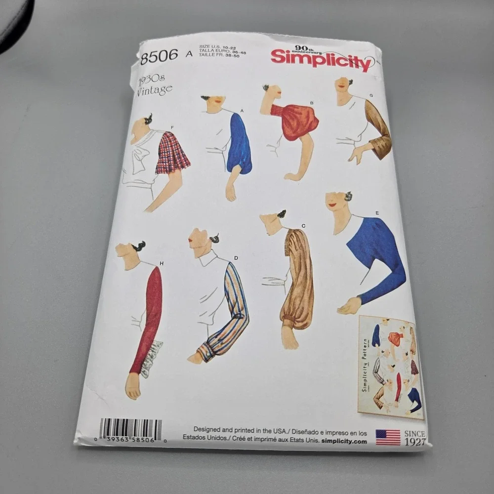 Simplicity 8506 1930s Vintage Sleeves Sewing Pattern Size 10-22 UNCUT 90th Anniv